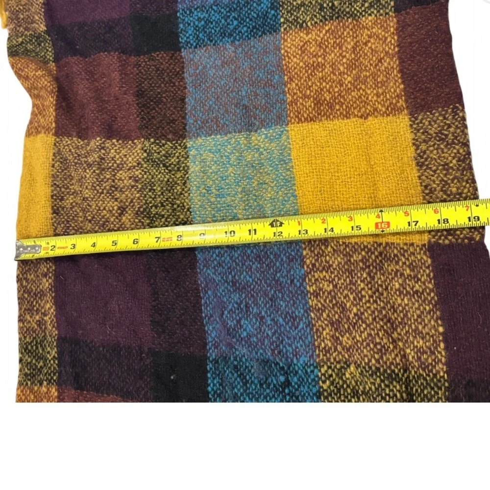 Oversized Plaid Blanket Scarf Mustard Purple Teal Chunky Fringe Cozy Wrap